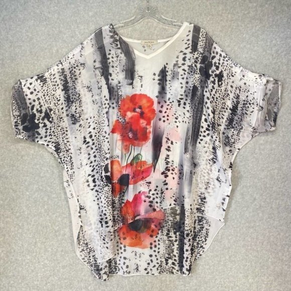 Jess & Jane Women's Tunic White Red Poppy Sequin Sheer Cheetah Asymmetrical XL - Picture 14 of 14